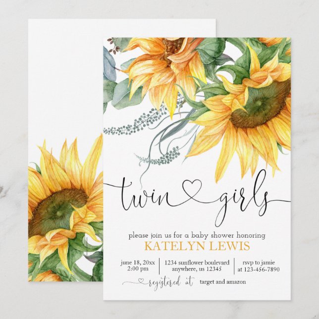 Invitation Baby shower Sunflower Twins (Devant / Derrière)