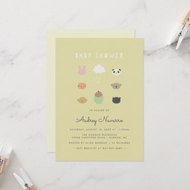 Invitation Baby shower Sunshine Animaux (Devant/Arrière en situation)