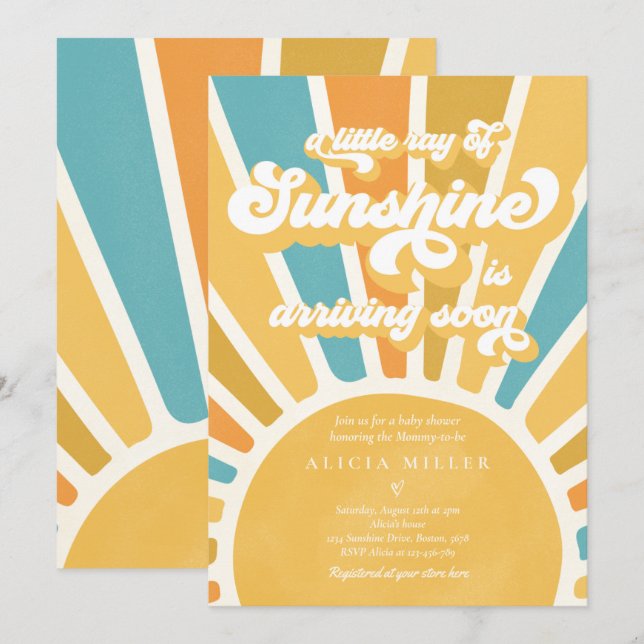 Invitation Baby Shower Sunshine Bohème Rétro Jaune Sunshine (Devant / Derrière)