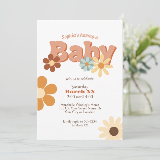 Invitation Baby shower Super les années 70 rétro (Debout devant)
