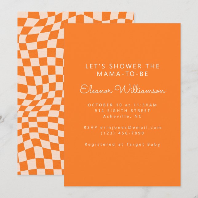 Invitation Baby shower super Orange Abstrait Checkerboard (Devant / Derrière)