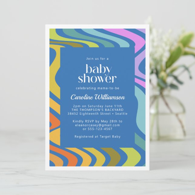 Invitation Baby shower super Retro Abstrait Rainbow Blue (Debout devant)