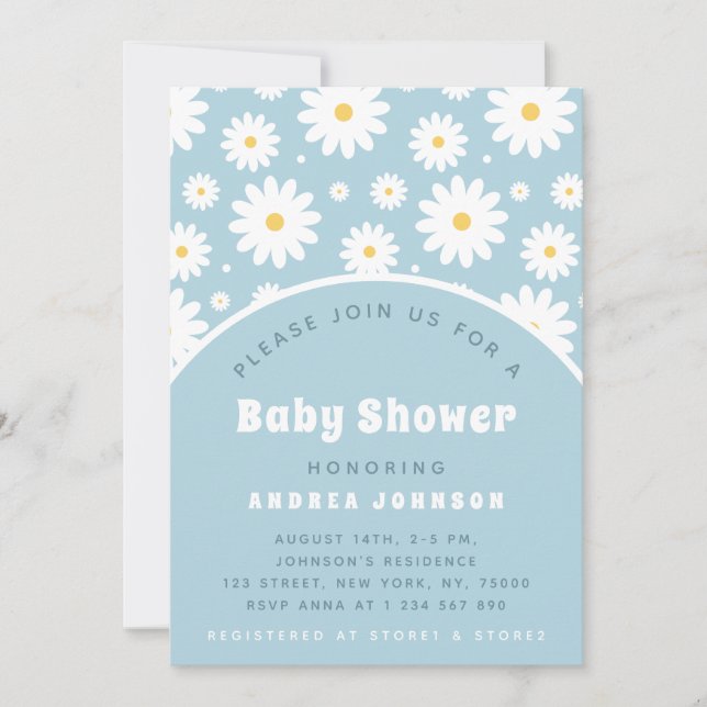 Invitation Baby shower super Retro Floral Dusty Blue Daisy (Devant)