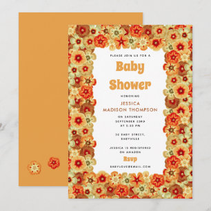 Invitation Baby shower super Retro Orange Hippie Fleurs