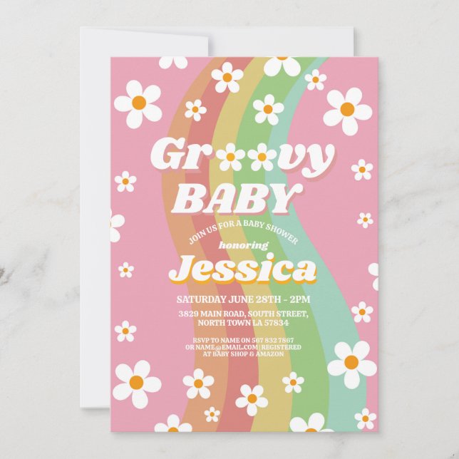 Invitation Baby shower super Rose Girls Retro Rainbow 1970 (Devant)