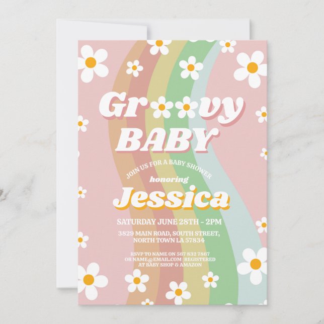 Invitation Baby shower super Rose Girls Retro Rainbow 1970 (Devant)