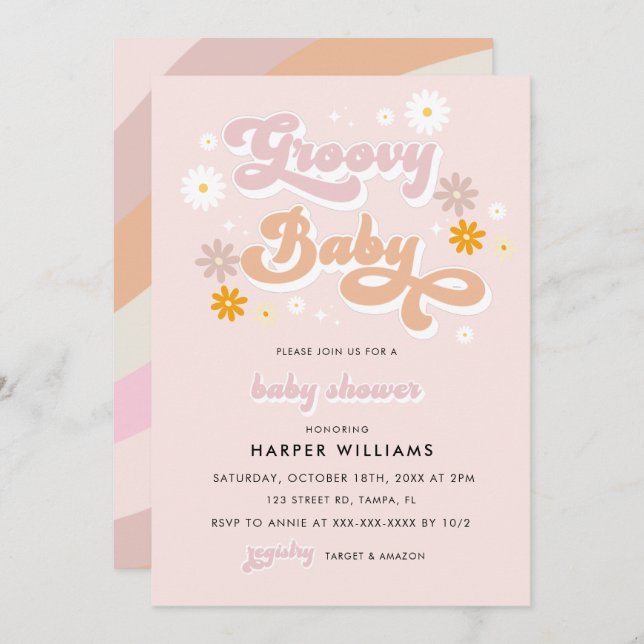 Invitation Baby shower Super rose rétro (Devant / Derrière)