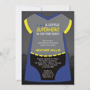 Invitation Baby shower Superhero, Bleu, Invi noir