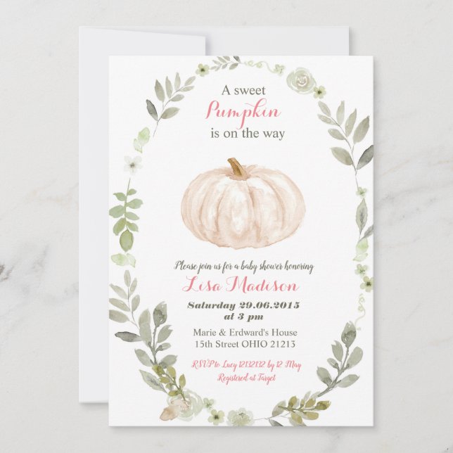Invitation Baby shower sur le thème de la citrouille et de la (Devant)