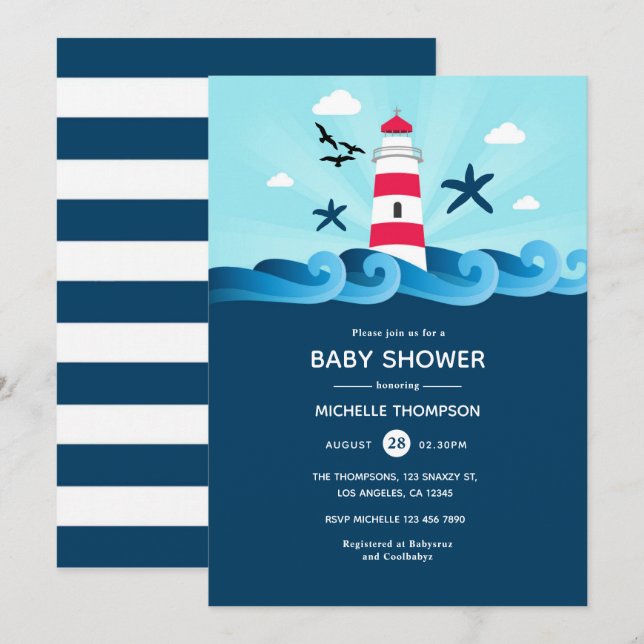 Invitation Baby-shower sur le thème marin (Devant / Derrière)