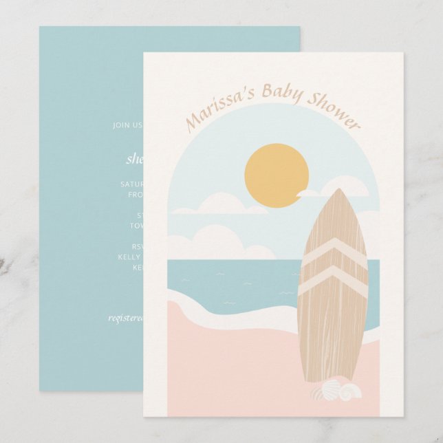 Invitation Baby shower Surfboard Beach (Devant / Derrière)
