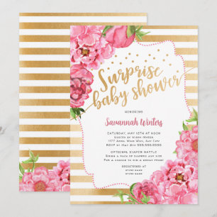 Invitation Baby shower surprise   pivoines d'or rose