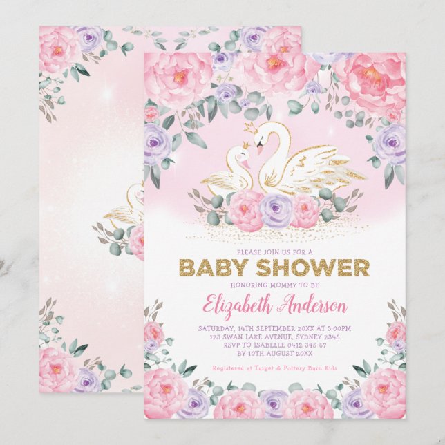 Invitation Baby shower Swan Princess Lavender Pink Peonies (Devant / Derrière)