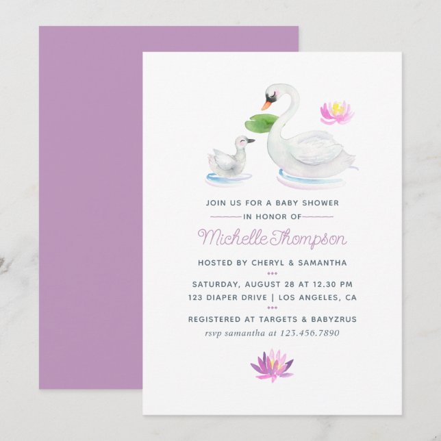 Invitation Baby shower Swan Watercolor (Devant / Derrière)