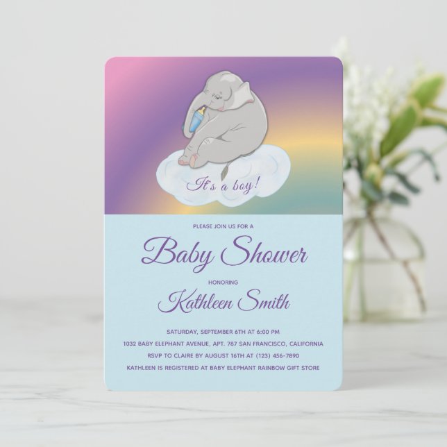 Invitation Baby shower Sweet Cute Elephant C'est un garçon Ph (Debout devant)