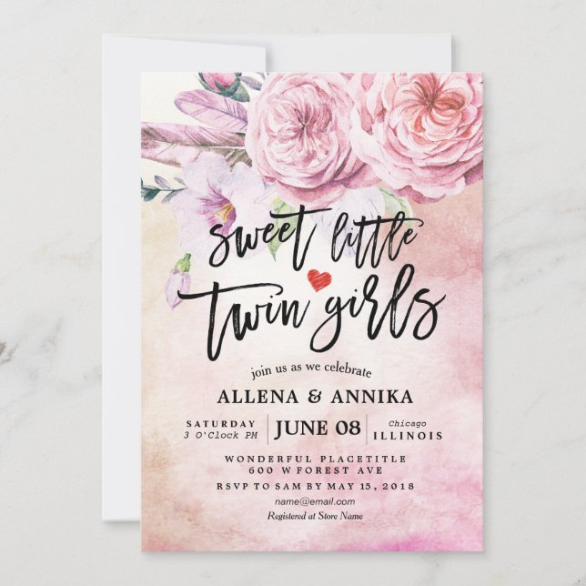 Invitation Baby shower Sweet Little Twin Girls Boho Fleurs (Devant)