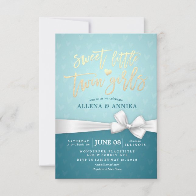 Invitation Baby shower Sweet Little Twin Girls White Ribbon (Devant)