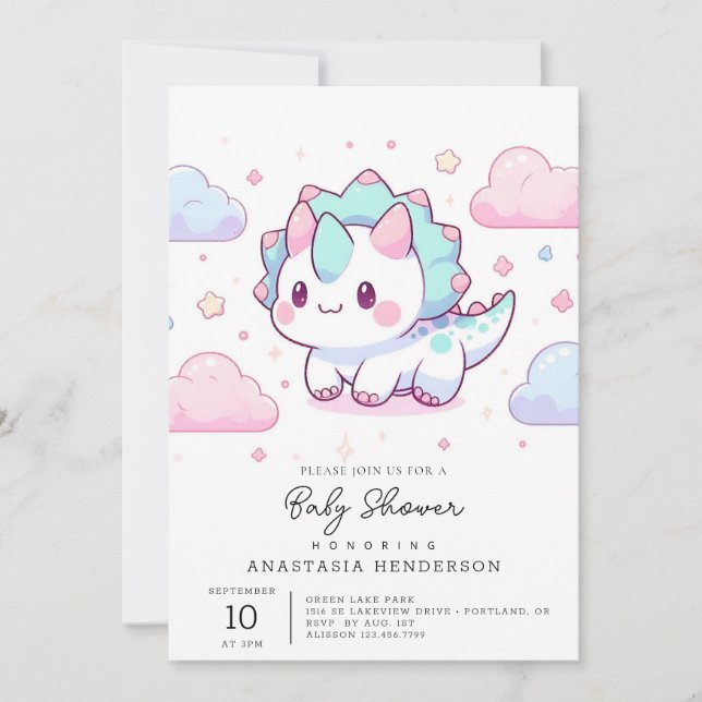 Invitation Baby shower Sweet Pastel Dinosaur (Devant)