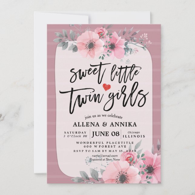 Invitation Baby shower Sweet Petites Filles jumelles Fleurs r (Devant)