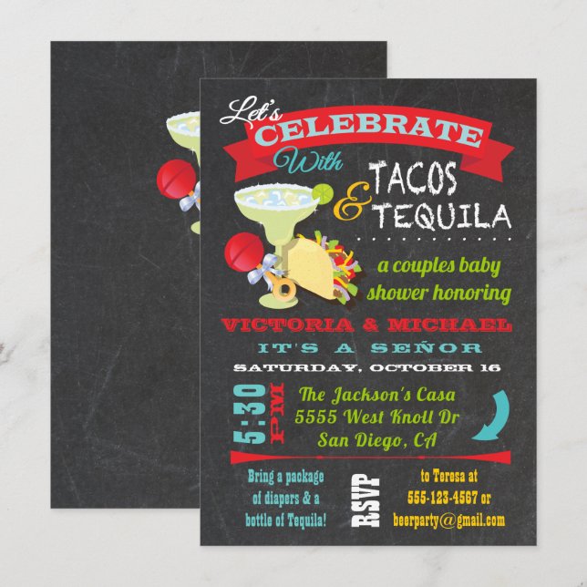 Invitation Baby shower Tacos et Couples Tequila en tableau no (Devant / Derrière)