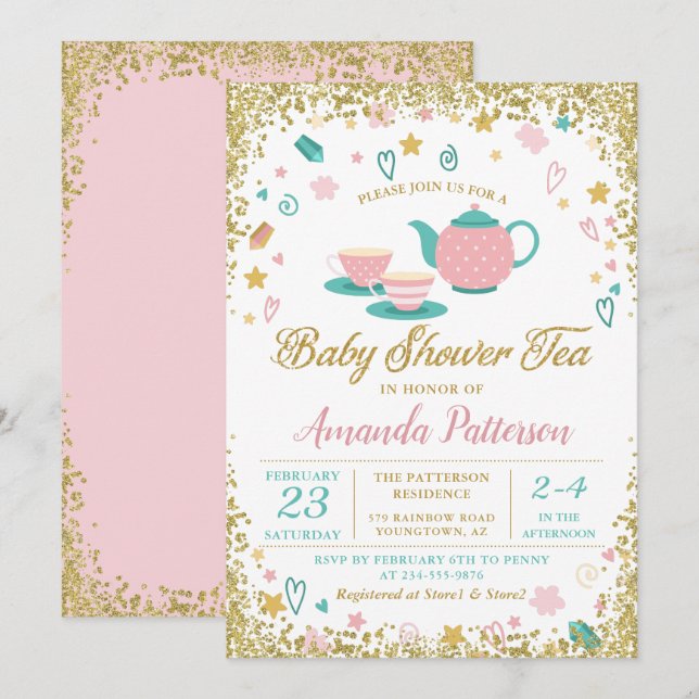 Invitation Baby shower Tea Party Parties scintillant rose or (Devant / Derrière)
