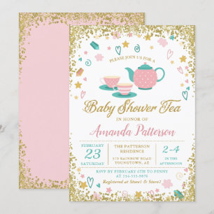 Invitation Baby shower Tea Party Parties scintillant rose or