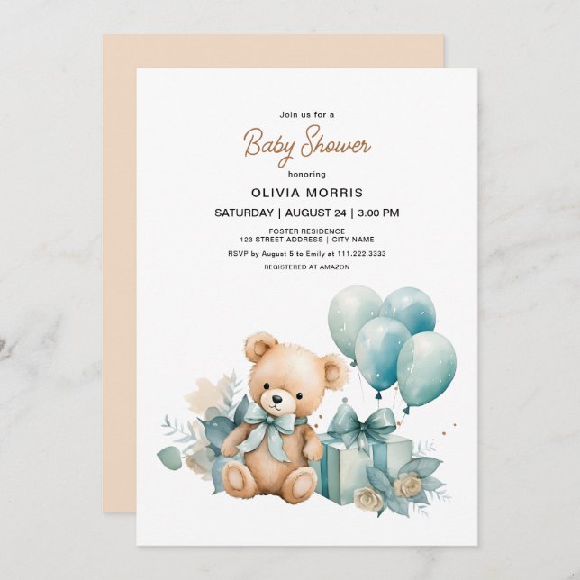 Invitation Baby shower Teddy Bear (Devant / Derrière)