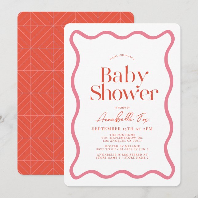 Invitation Baby shower tendance avec cadre rose et rouge Wavy (Devant / Derrière)