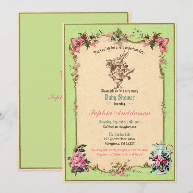 Invitation Baby shower thé fête sieste verte et voir (Devant / Derrière)