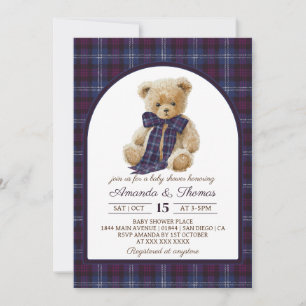 Invitation Baby Shower Thème Ours Tartan Mixte