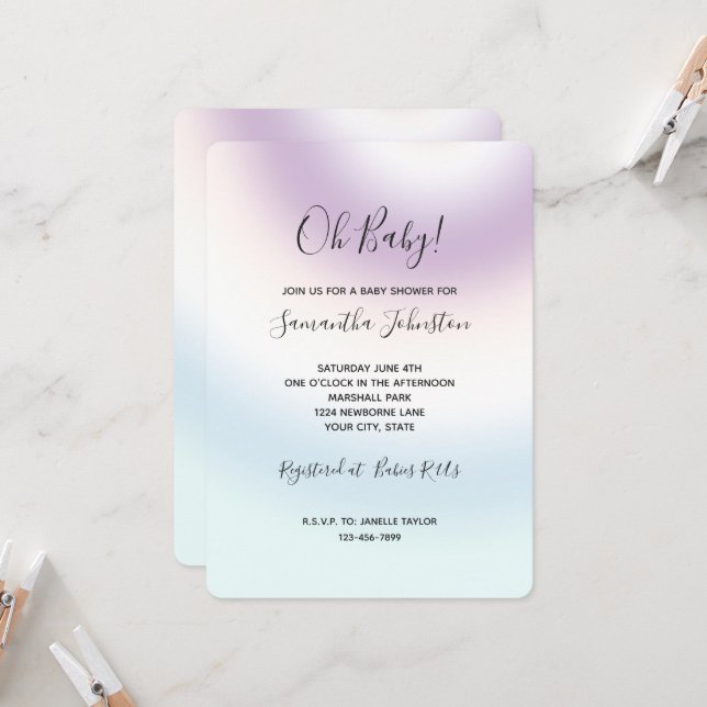 Invitation Baby-Shower Tie dye Violet Blanc Bleu (Devant/Arrière en situation)