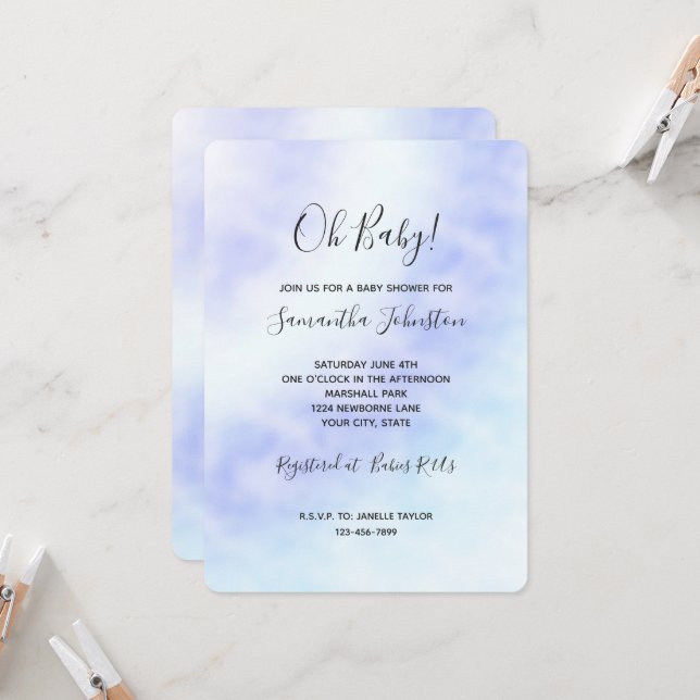 Invitation Baby Shower Tie dye Violet Blanc Bleu Aqua (Devant/Arrière en situation)