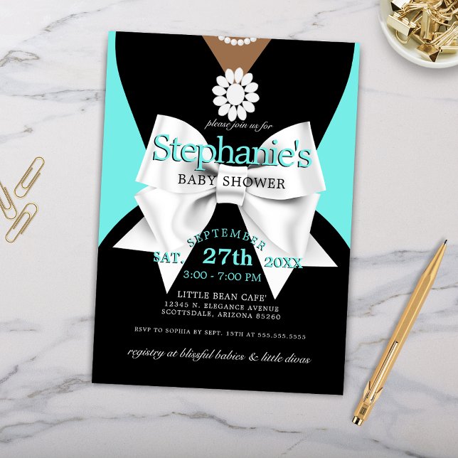 Invitation Baby shower Tiffany d'ethnie glam moderne et tenda (Elegant Little Black Dress Baby Shower with Dark Skin Tones for Ethnic Baby Shower Theme)