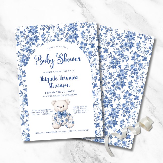 Invitation Baby shower Toile Bleu (Elegant Blue Toile Baby Shower Invitation with Teddy Bear, Couple Names, Parents to Be or Mom to Be.)