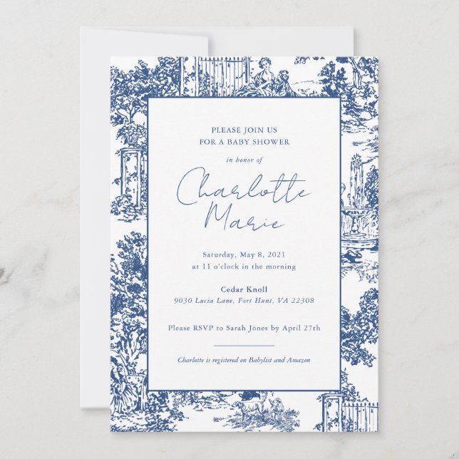 Invitation Baby shower Toile Bleu et Blanc (Devant)
