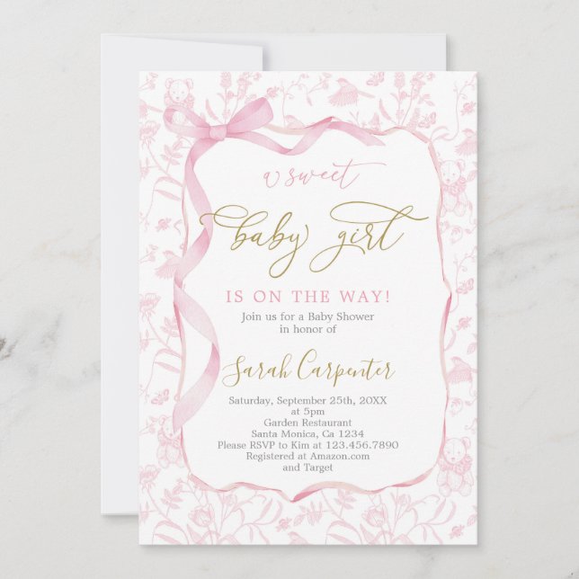Invitation Baby shower Toile De Jouy avec Bow Girl (Devant)