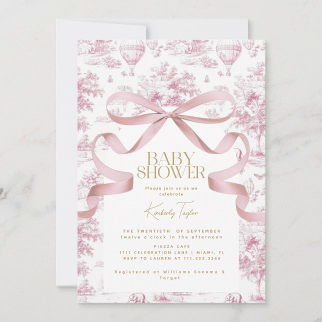 Invitation Baby shower Toile De Jouy Bow Rose (Devant)