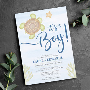Invitation Baby Shower Tortue Marine Aquarelle Garçon