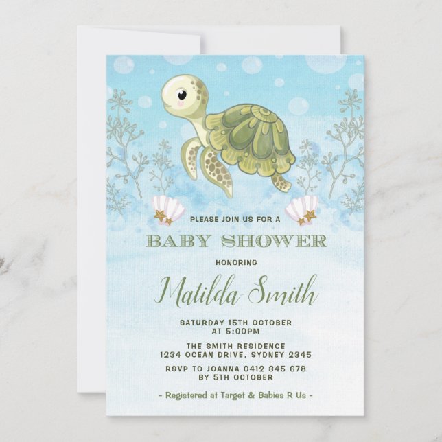 Invitation Baby shower Tortue Sous L'Océan Mer (Devant)