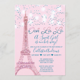 Invitation Baby shower Tour Eiffel Tour Pink Paris Lumières