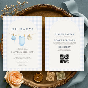Invitation Baby Shower Tout en Un à Carreaux Bleus