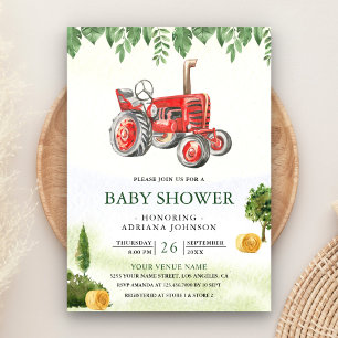 Invitation Baby Shower Tracteur Rouge Rustique de Ferme