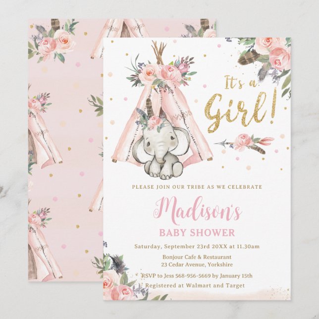 Invitation Baby shower tribal Boho Elephant rose fille (Devant / Derrière)