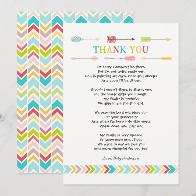 Invitation Baby shower tribal PoèmeMerci note, neutre (Devant / Derrière)