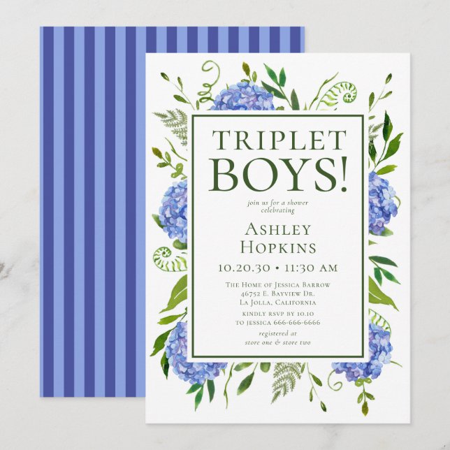 Invitation Baby shower Triplet Boys Blue Hydrangeas (Devant / Derrière)
