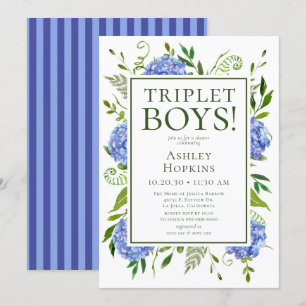 Invitation Baby shower Triplet Boys Blue Hydrangeas
