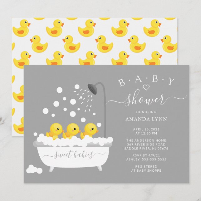 Invitation Baby shower Triplets de canard en caoutchouc (Devant / Derrière)