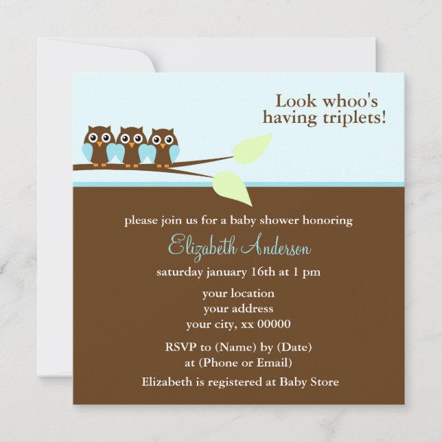 Invitation Baby shower Triplets de la Chouette bleue (Devant)