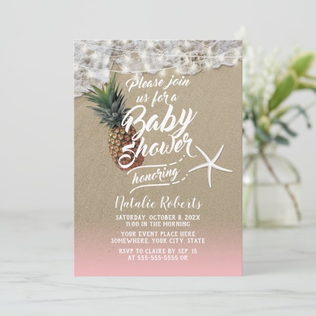 Invitation Baby shower Tropical Beach Ananas & Starfish (Debout devant)