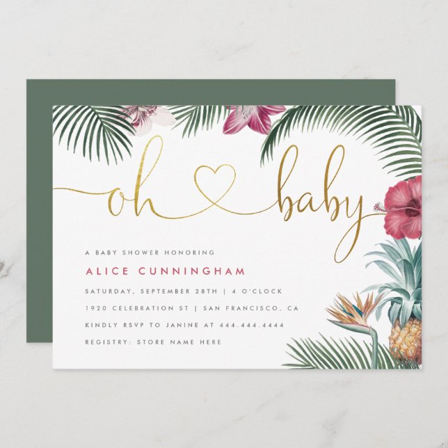 Invitation Baby shower Tropical Botanical Oh Baby Gold Script (Devant / Derrière)